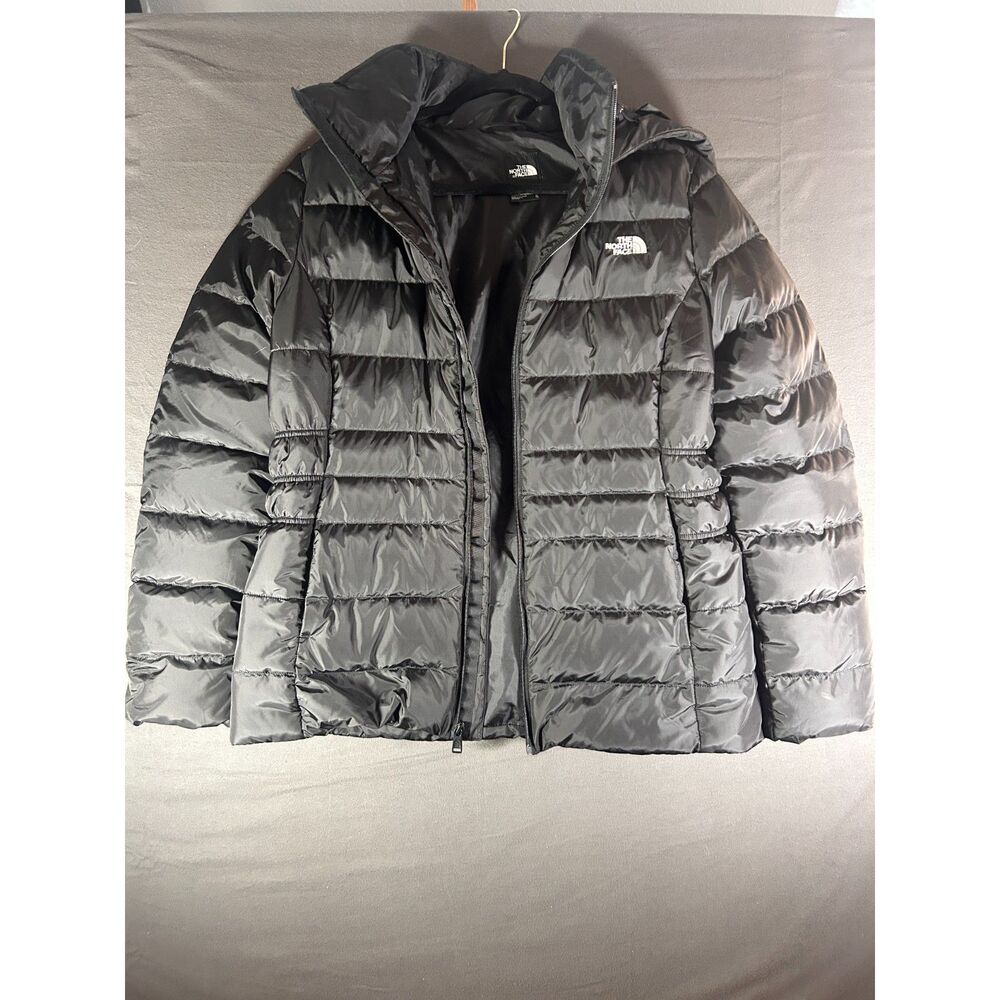 The North Face Womens XL Black 550 Down Hooded Puffer Jacket Coat Full Zip FLAW